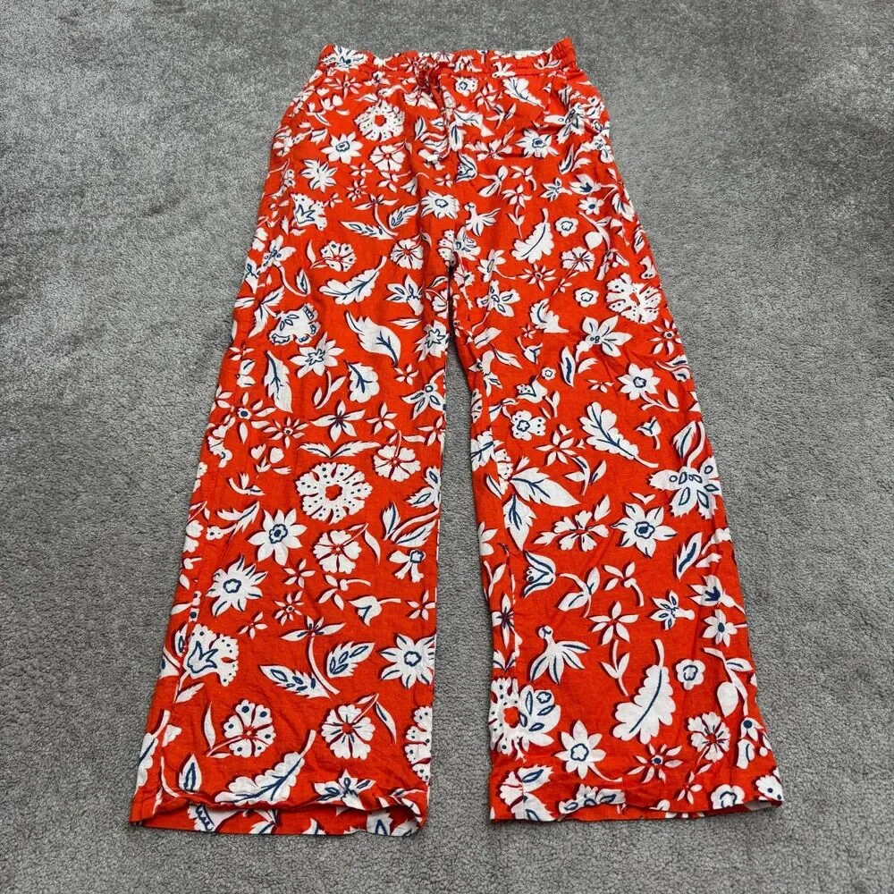 Zara Floral Linen Blend Wide Leg Pull On Palazzo Pants Womens Large Orange White